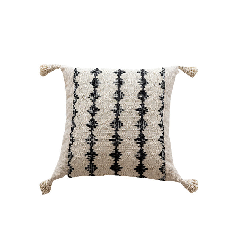 Geometric Handwoven Cotton Throw Pillow with Tassel Corners and Textured Diamond Pattern