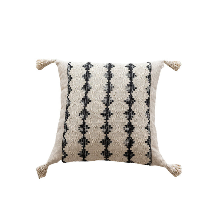 Geometric Handwoven Cotton Throw Pillow with Tassel Corners and Textured Diamond Pattern