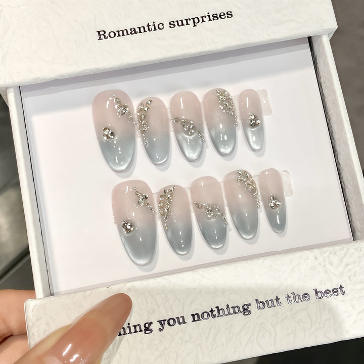 Artistic Romantic Press-On Nail Set with Gem Accents