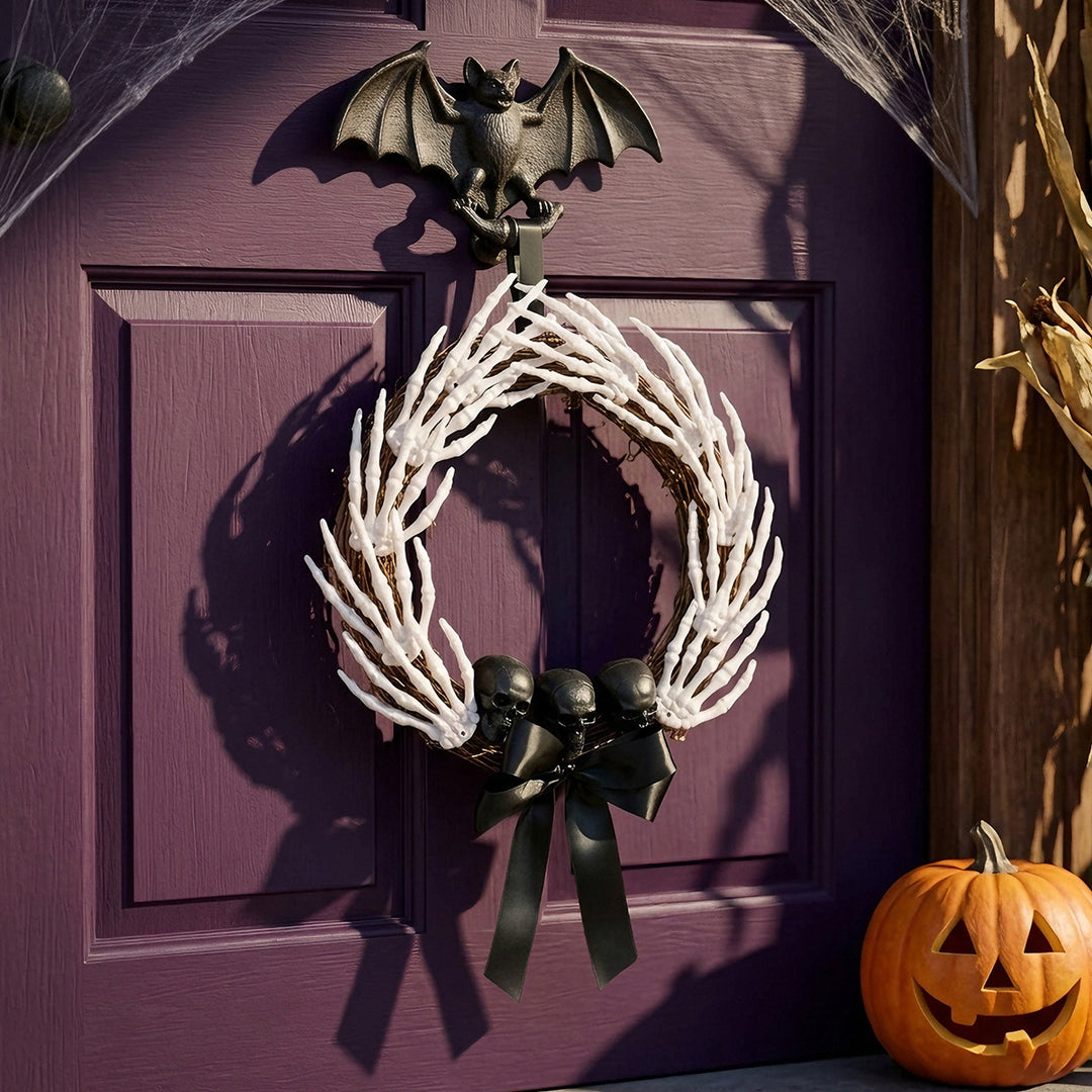 Creepy Halloween Door Wreath with Skeleton Hands, Three Skulls and Satin Ribbon
