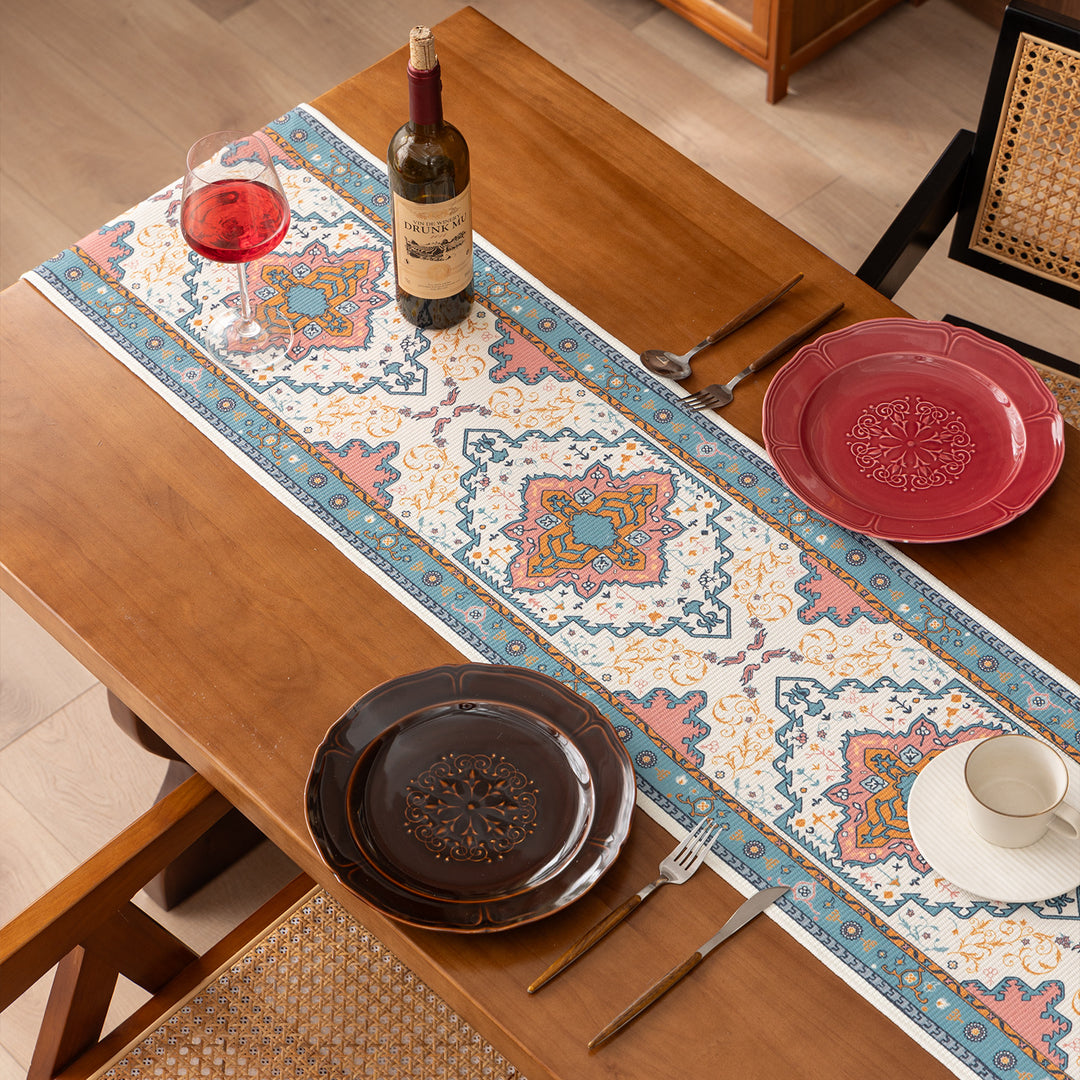 Woven table runner made of cotton blend with oriental medallion pattern and fringes Kalsten