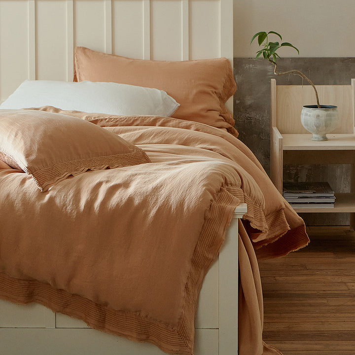 Linen duvet cover set with subtle fringed edge and stonewashed look