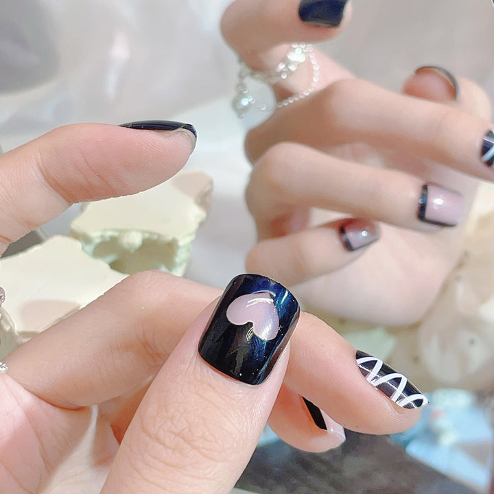 Stylish Press-On Nail Art Set with Heart and Geometric Patterns