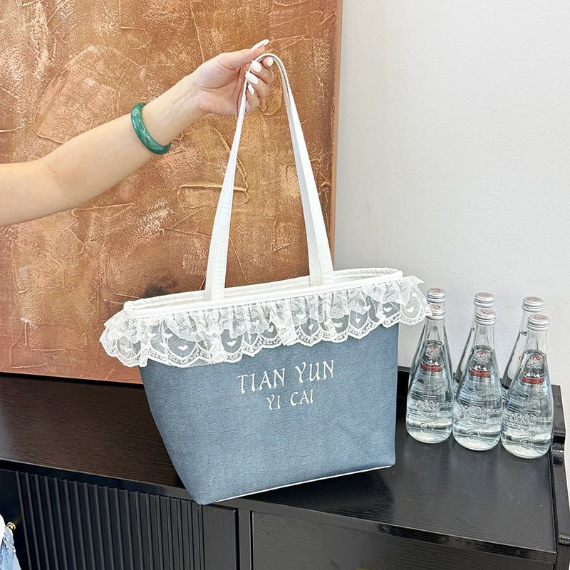 Elegant Lace-Trimmed Canvas Tote Bag Kalsten