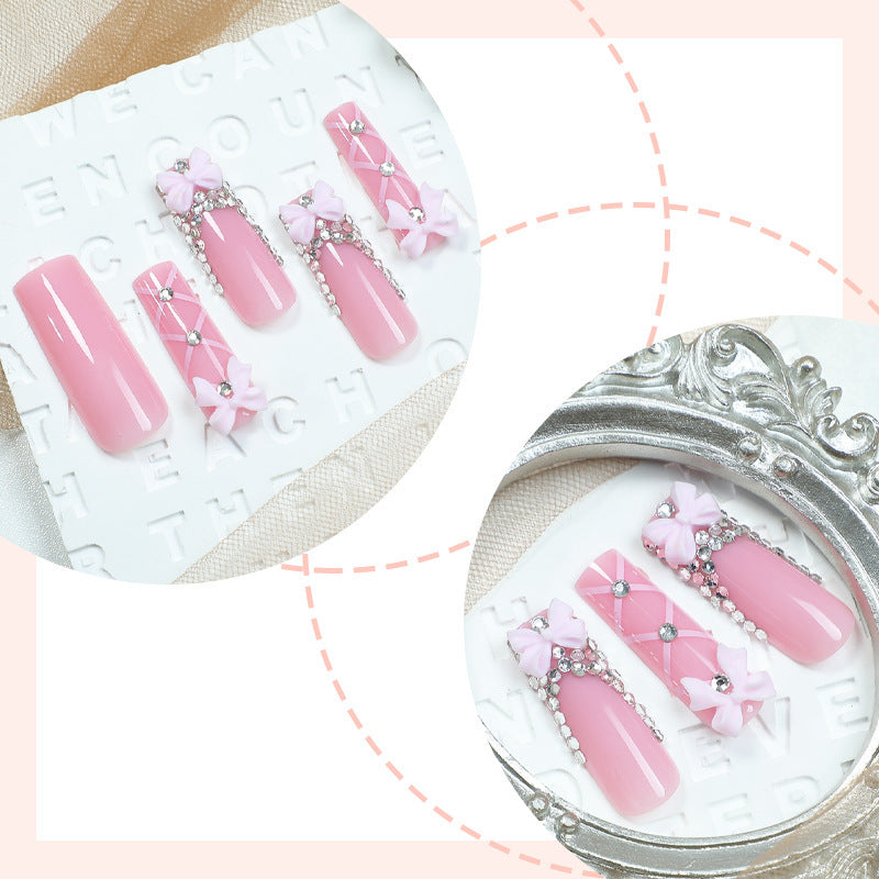 Decorative Press-On Nail Set with Elegant Bow and Gem Accents kalsten 1788496283