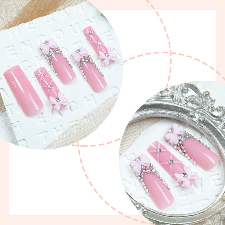 Decorative Press-On Nail Set with Elegant Bow and Gem Accents kalsten 1788496283