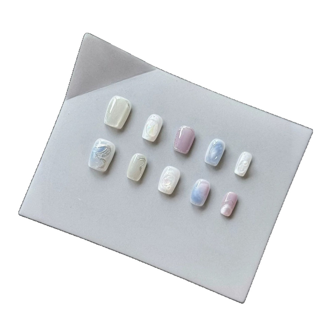Artistic Press-On Nail Art Set with Pearlescent and Marble Designs