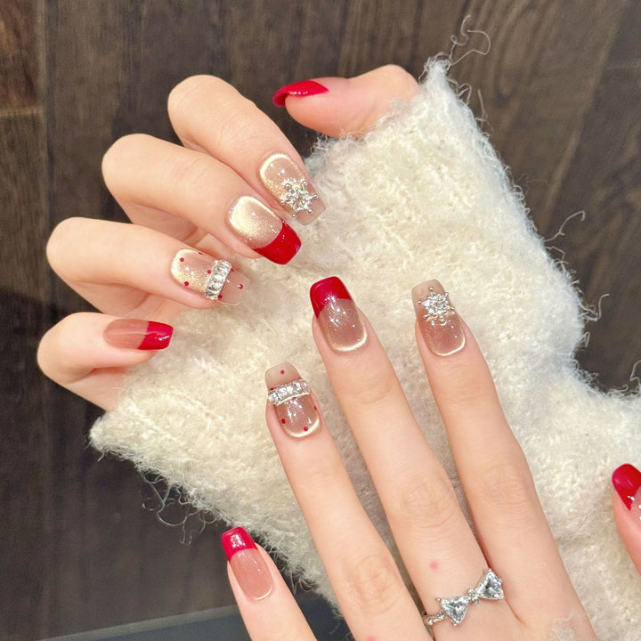 Artistic Press-On Nail Set with Rhinestone Accents