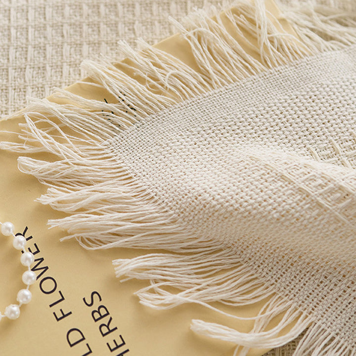 Round Textured Waffle-Weave Fringe Tablecloth with Tassel Edge