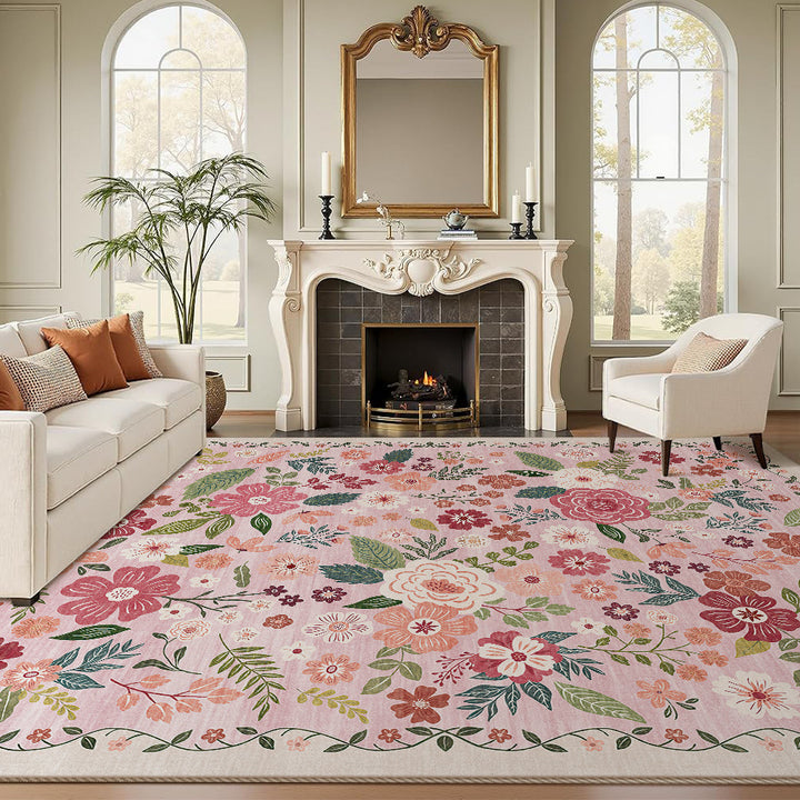 Large Floral Printed Low-Pile Machine-Woven Area Rug with Stain-Resistant Finish