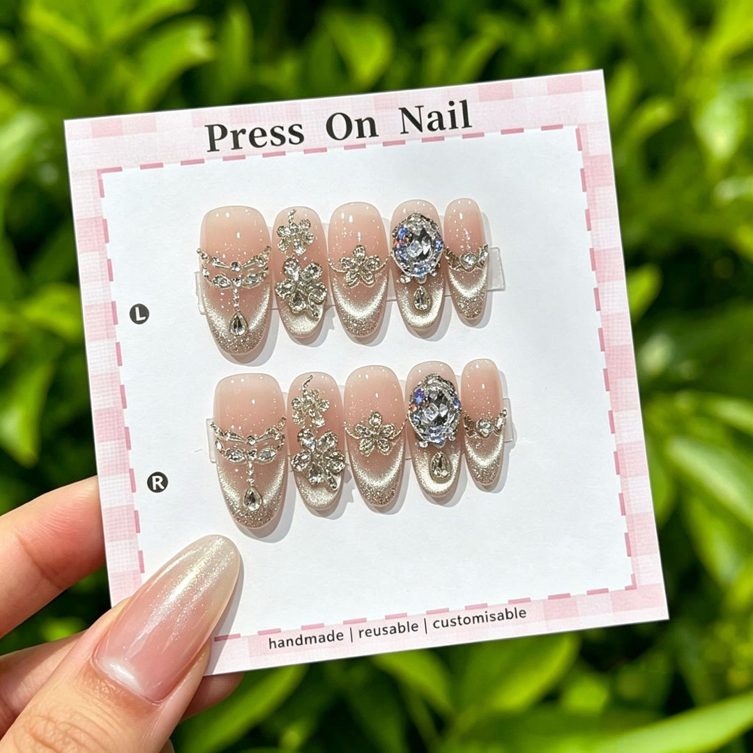 Artistic Press-On Nail Art Set with Cute Character and Bow Accents