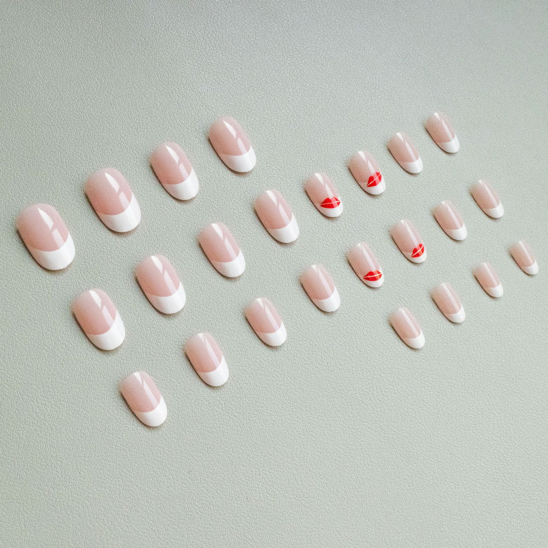 Artistic French Tip Nail Art Set with Kiss Design