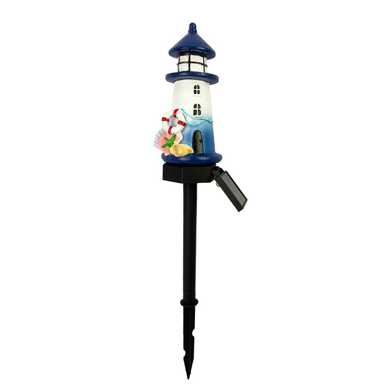 Resin Lighthouse LED Garden Stake Lamp With Integrated Solar Panel And Lifebuoy Ornament Kalsten