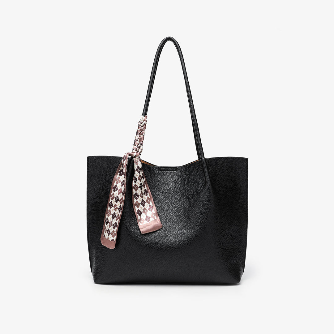 Chic Leather Tote Bag with Decorative Scarf