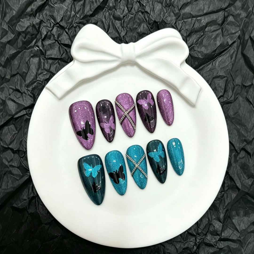 Artistic Press-On Nail Set with Butterfly Motifs