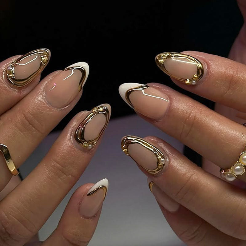 Decorative Press-On Nail Art with Gold Accents