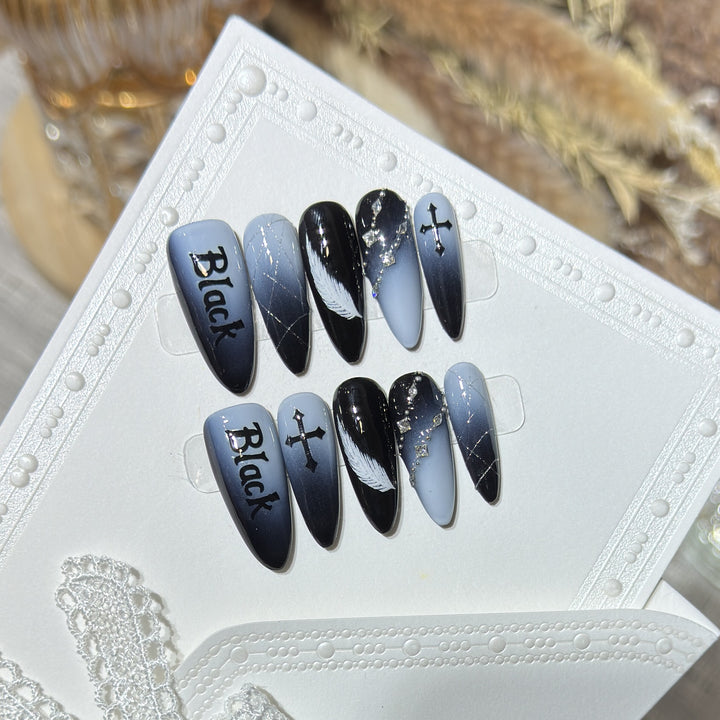 Artistic Press-On Nail Set with Gothic Feather and Cross Design Kalsten