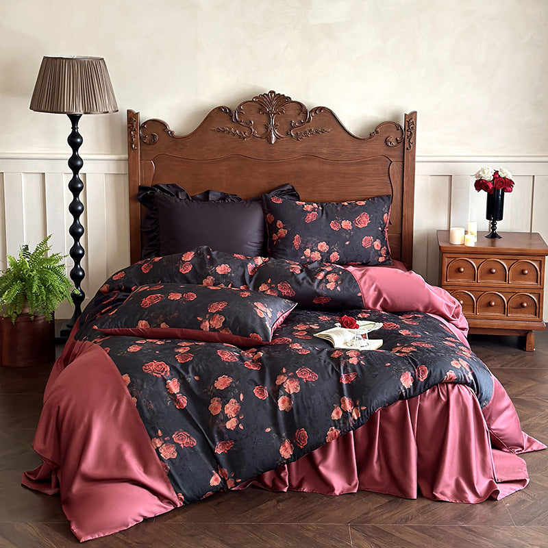 Luxurious satin bedding set with rose pattern and reversible cover