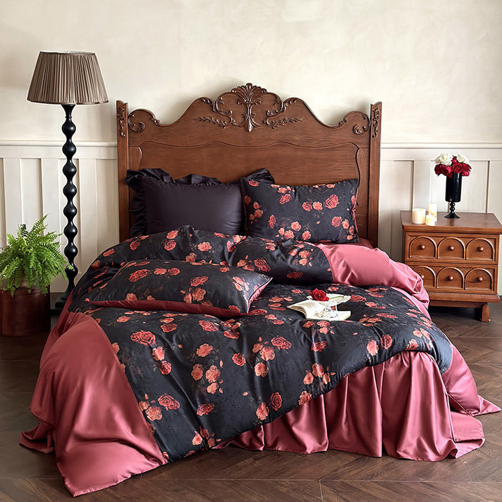 Luxurious satin bedding set with rose pattern and reversible cover