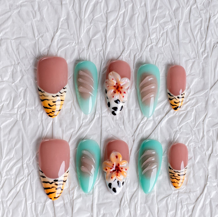 Artistic Floral and Animal Print Press-On Nails
