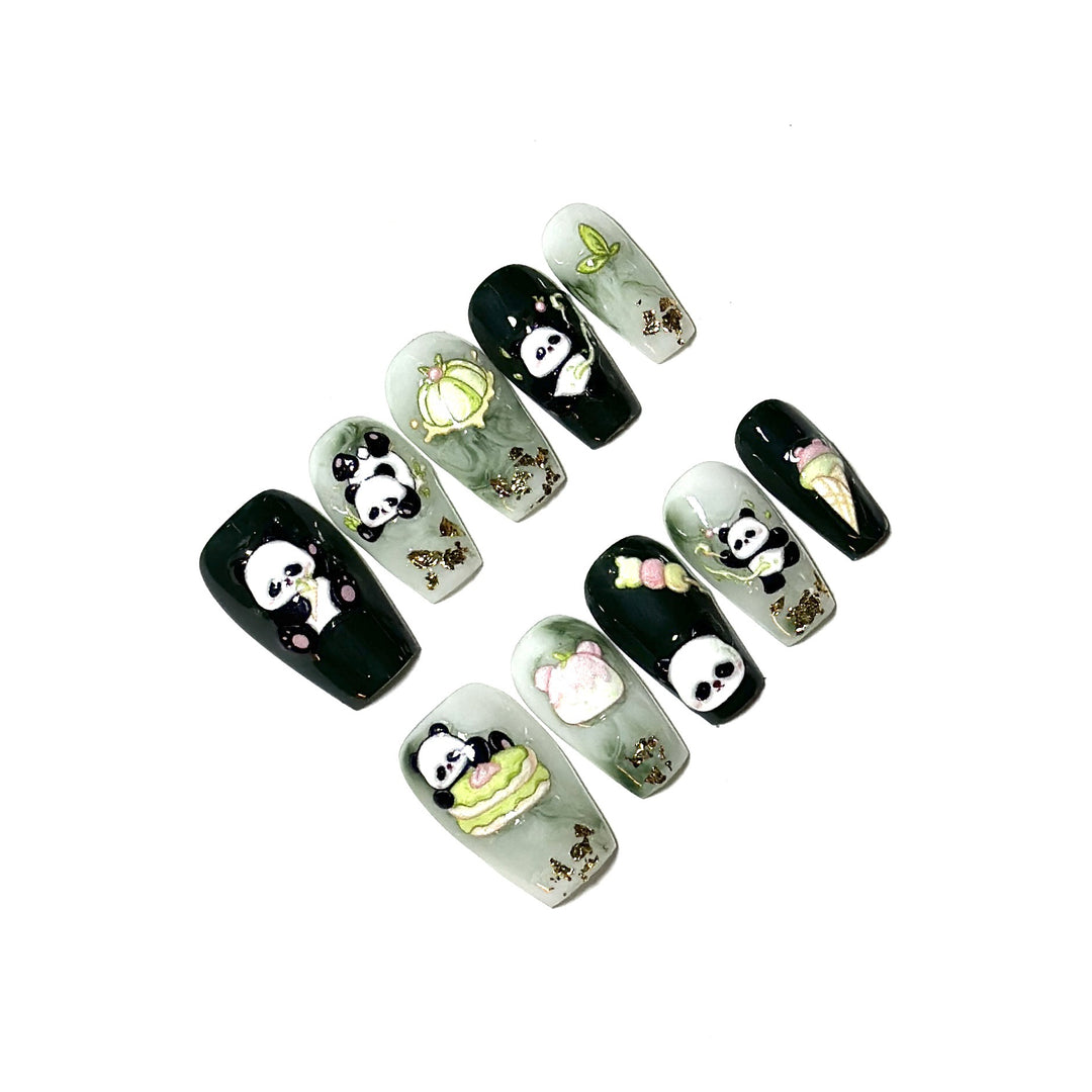 Artistic Press-On Nail Art Set with Cute Panda Designs