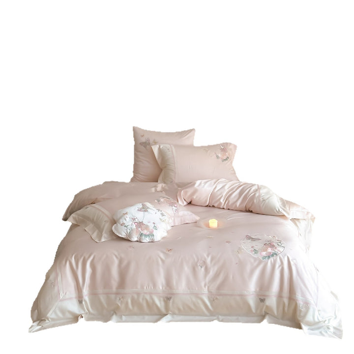 Satin bedding set with delicate butterfly and flower embroidery