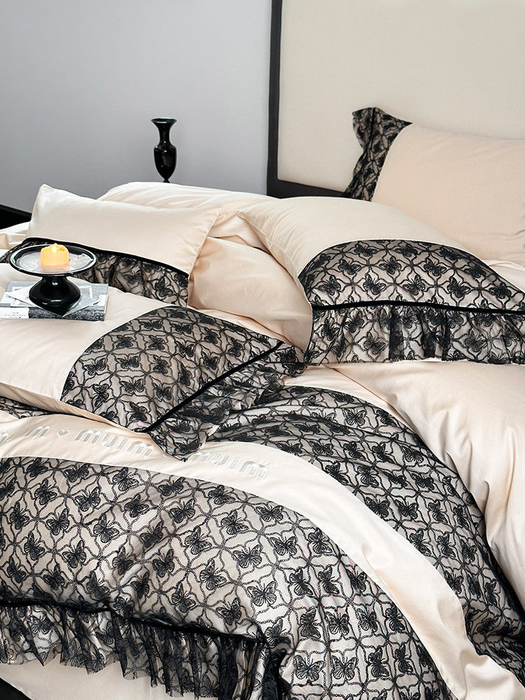 Luxurious Reversible Cotton Satin Bedding Set with Jacquard Border and Ruffle