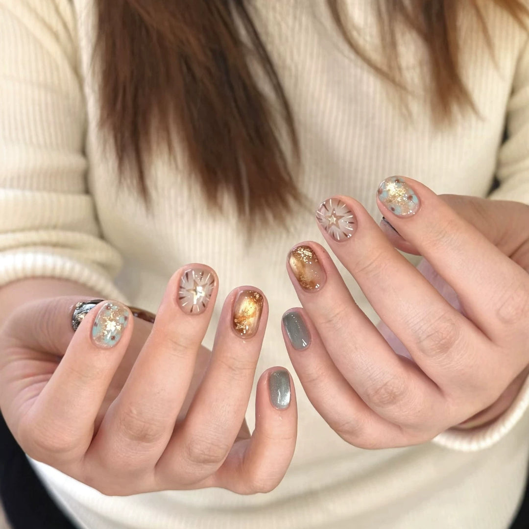 Artistic Press-On Nail Set with 3D Floral Accents