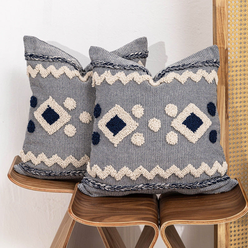 Textured Boho Geometric Tufted Throw Pillow with Braided Edge and Removable Zip Cover