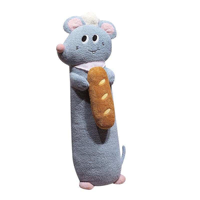 Extra-long plush body pillow mouse with bread appliqué and soft fleece cover