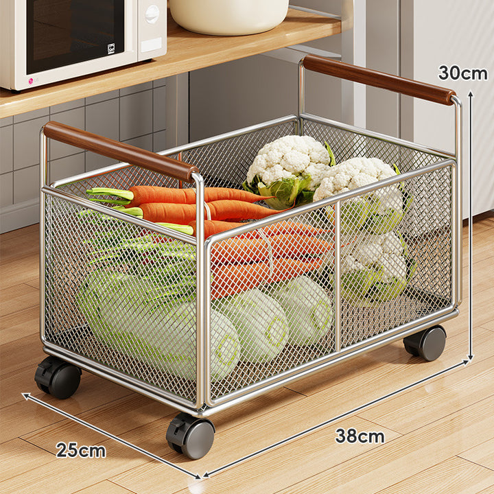 Rolling Mesh Kitchen Storage Cart with Wooden Handles