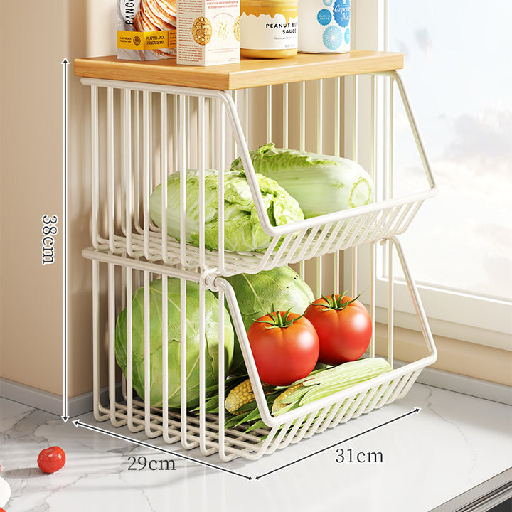 Countertop Wooden-Top Metal Wire Produce Storage Basket with Front-Tilt Access