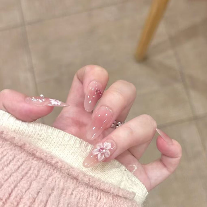 Flower-Decorated Long Stiletto Nail Extensions