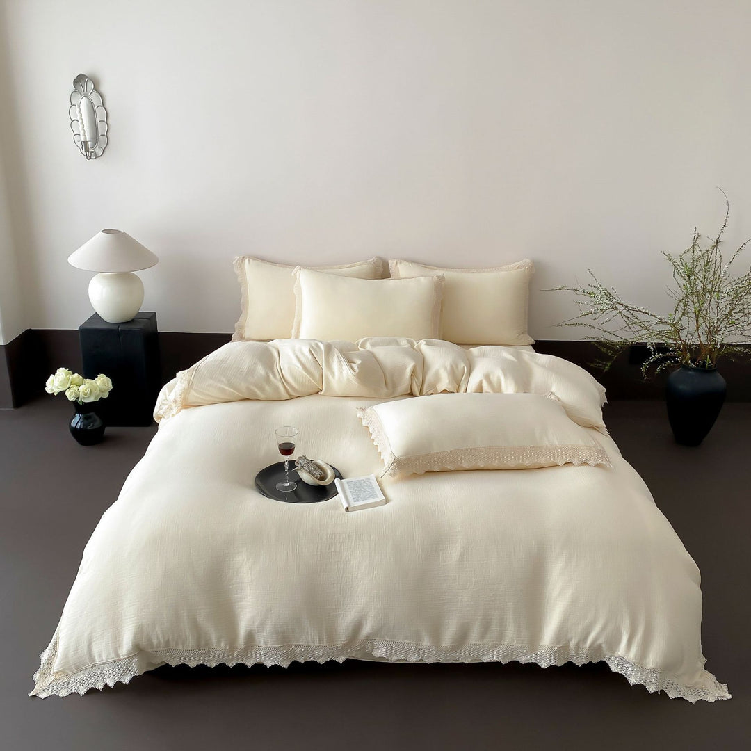 Linen-Cotton Duvet Cover Set with Crochet Lace Edge and Washed Finish