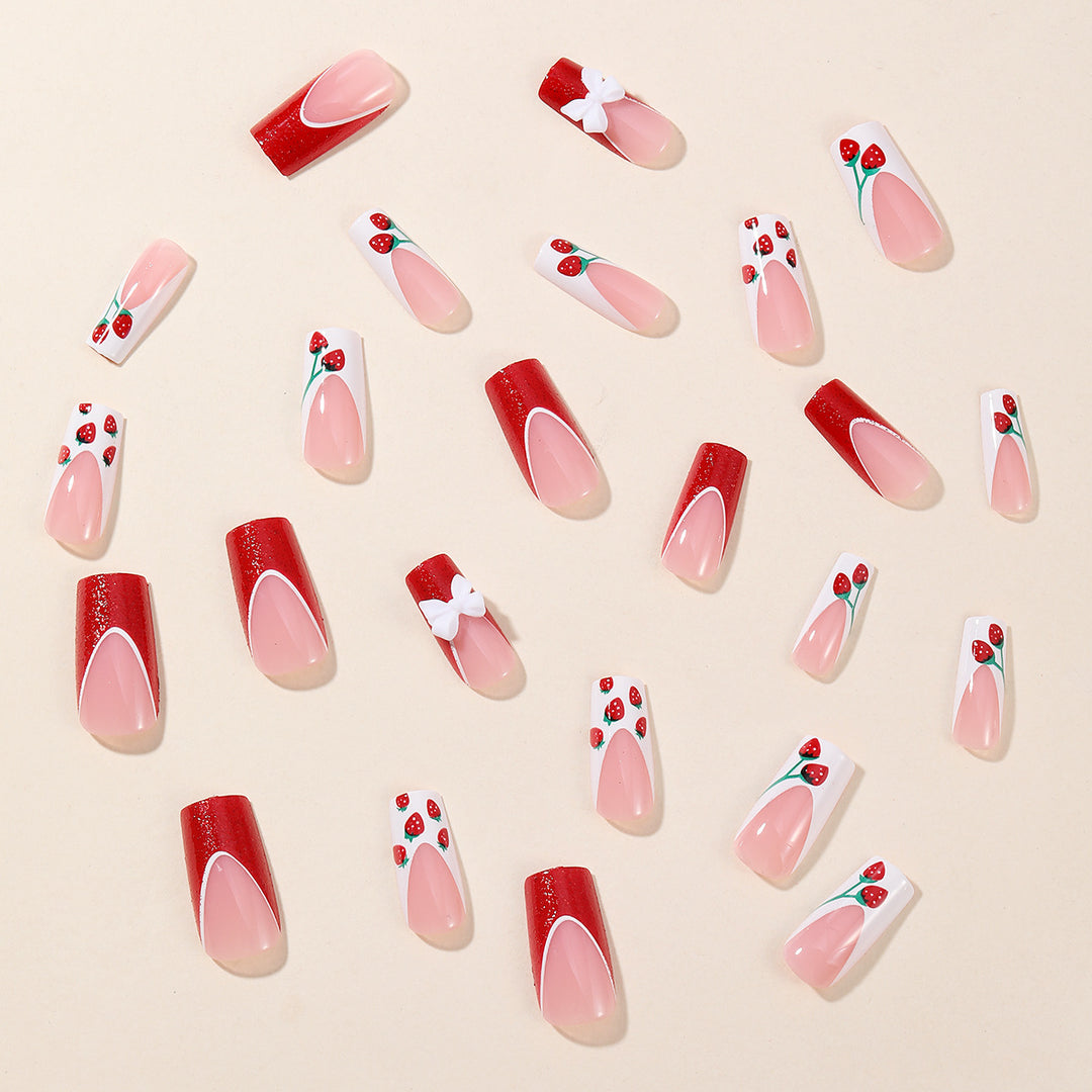 Strawberry Bow-Accent Acrylic Nail Art Extensions Kalsten