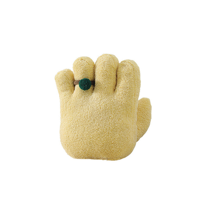 Cozy hand-shaped plush pillow with pompom ring