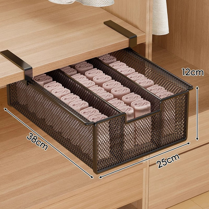 Under-Shelf Pull-Out Metal Mesh Closet Basket Organizer with Clamp Rail