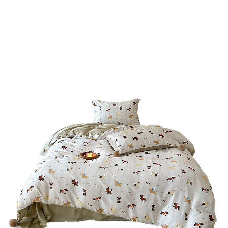 Children's bedding set with cute bunny print, pom-pom corners, and soft cotton satin