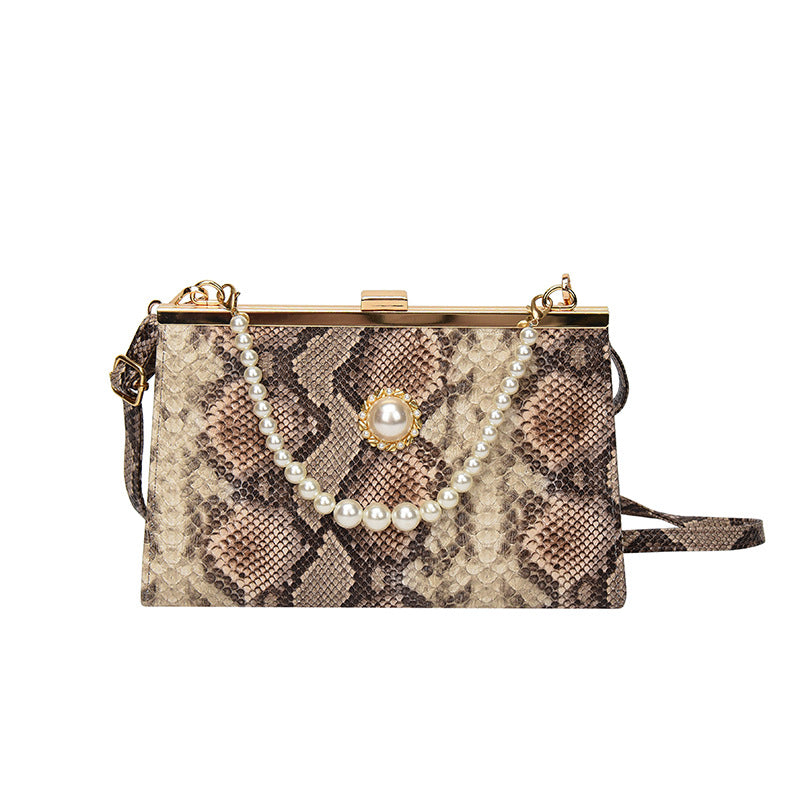 Elegant Pearl-Embellished Snakeskin Clutch Bag