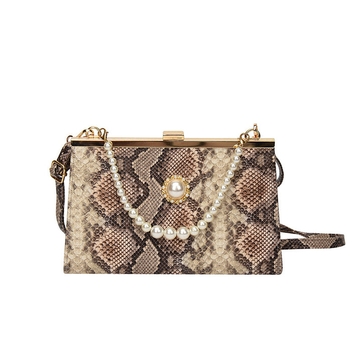 Elegant Pearl-Embellished Snakeskin Clutch Bag