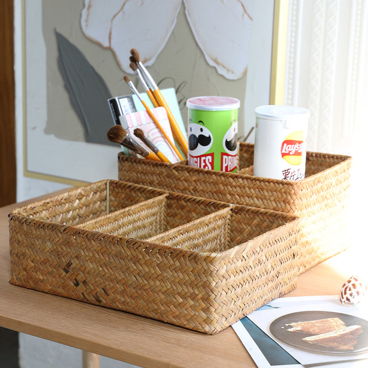 Unisex storage basket with three compartments made of handwoven natural material Kalsten