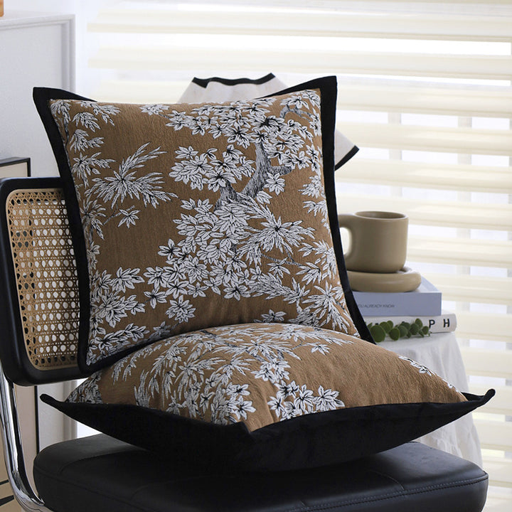 Square embroidered cushion cover made of cotton-linen blend with floral jacquard texture and velvet piping Kalsten