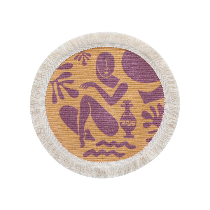 Round woven placemat with fringes and abstract figure motif Kalsten