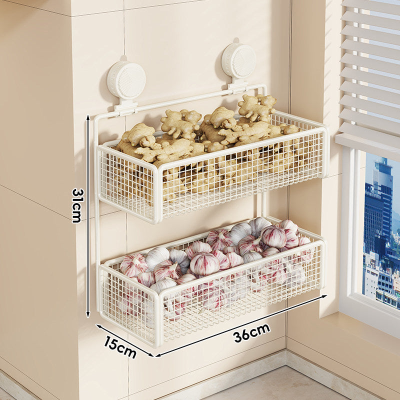 Wall-Mounted Suction Mesh Produce Storage Basket Set with Double-Tier Adjustable Rack