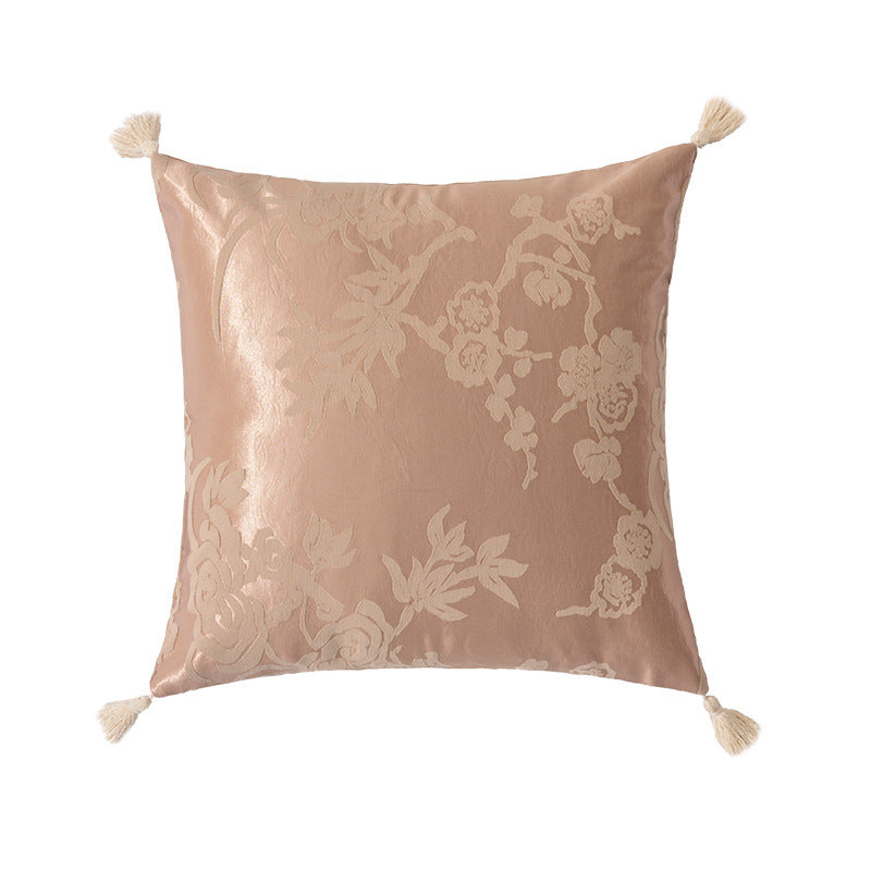 Square jacquard cushion cover with floral pattern and decorative tassels