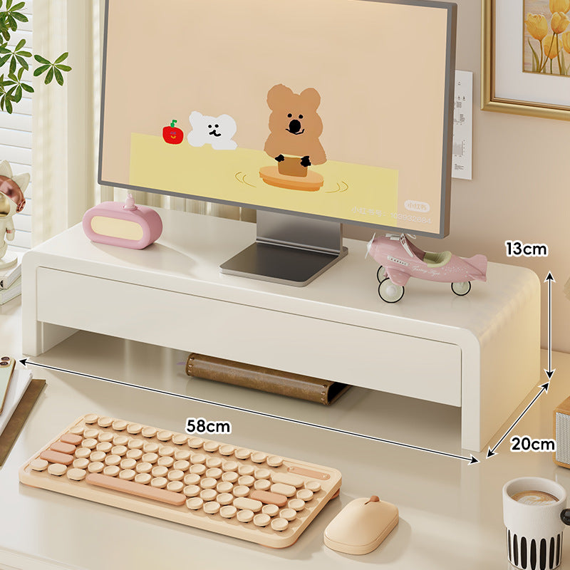 Wide Solid Wood Curved Desktop Monitor Stand Riser with Under-Shelf Storage