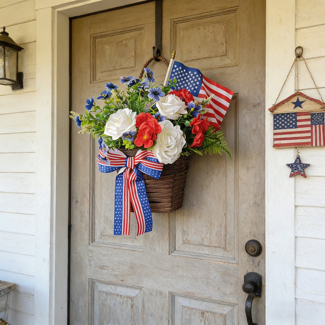 Unisex nan American patriotic door hanging floral basket with ribbon accents Kalsten