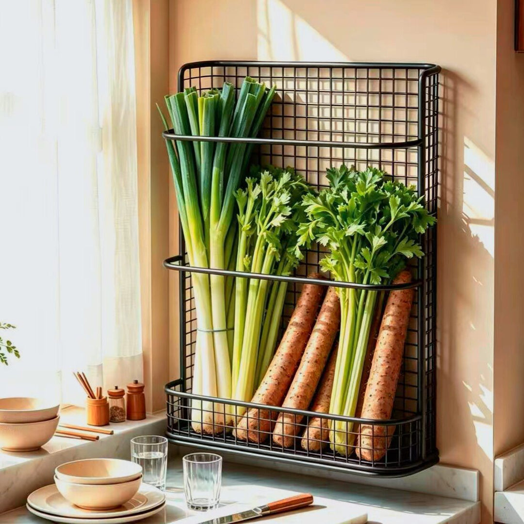 Slim Wall-Mounted Wire Grid Kitchen Vertical Storage Basket Organizer