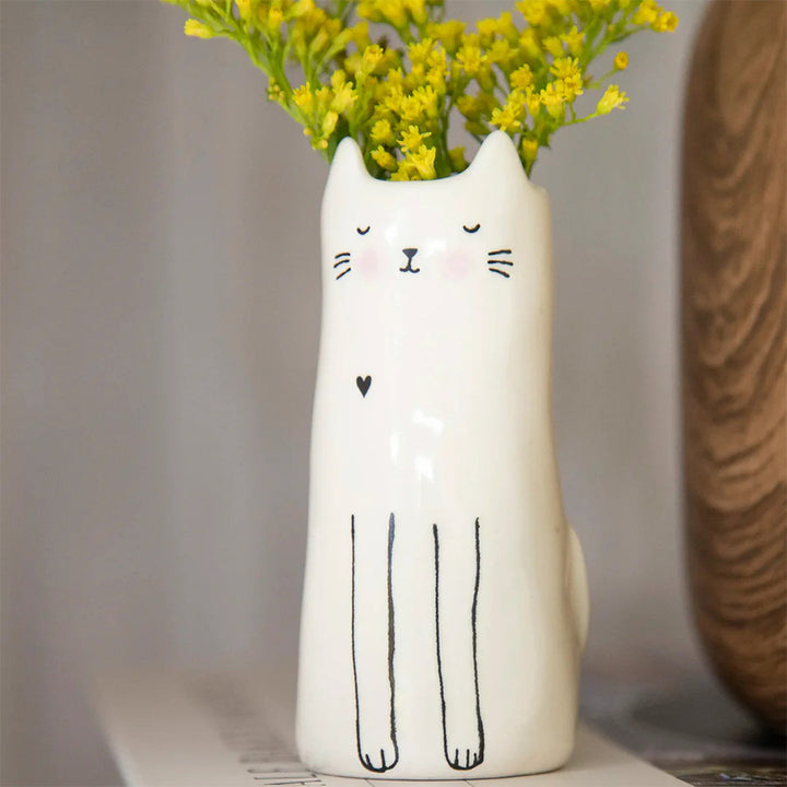 Handmade Minimalist Ceramic Cat Bud Vase With Matte Glaze And Narrow Neck