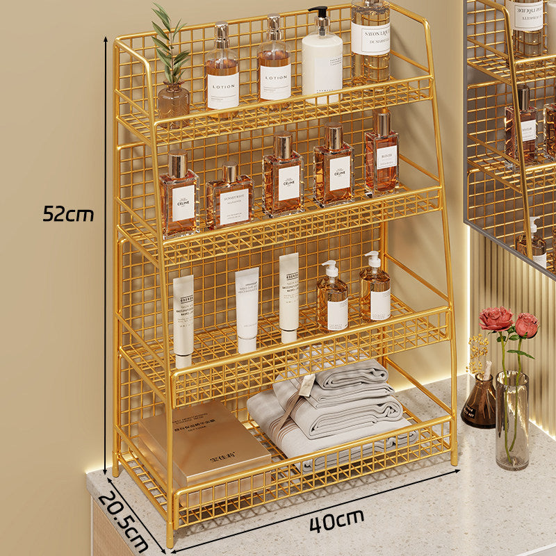 Angled Desktop Mesh Vanity and Countertop Organizer with Three Wire-Tier Baskets and Grid Back